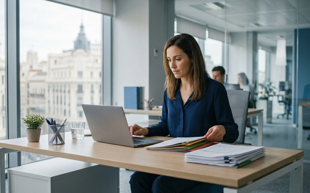 Profesional de administración en una oficina revisando nóminas y facturas de forma segura