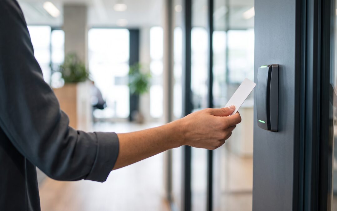 Empleado fichando en la entrada de la empresa mediante una tarjeta de proximidad RFID