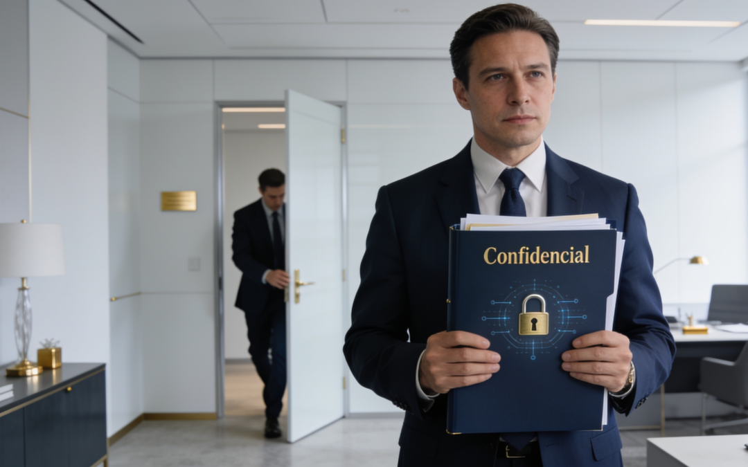 Empleado en una oficina moderna sosteniendo una carpeta confidencial azul con un candado para proteger el secreto empresarial.