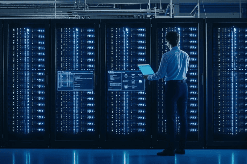 Auditoría de cumplimiento RGPD 2026: Un analista técnico en un centro de datos revisa diagramas de red en su laptop y pantallas, analizando los flujos de transferencias internacionales de datos bajo el Marco de Privacidad con AWS, Google y Microsoft